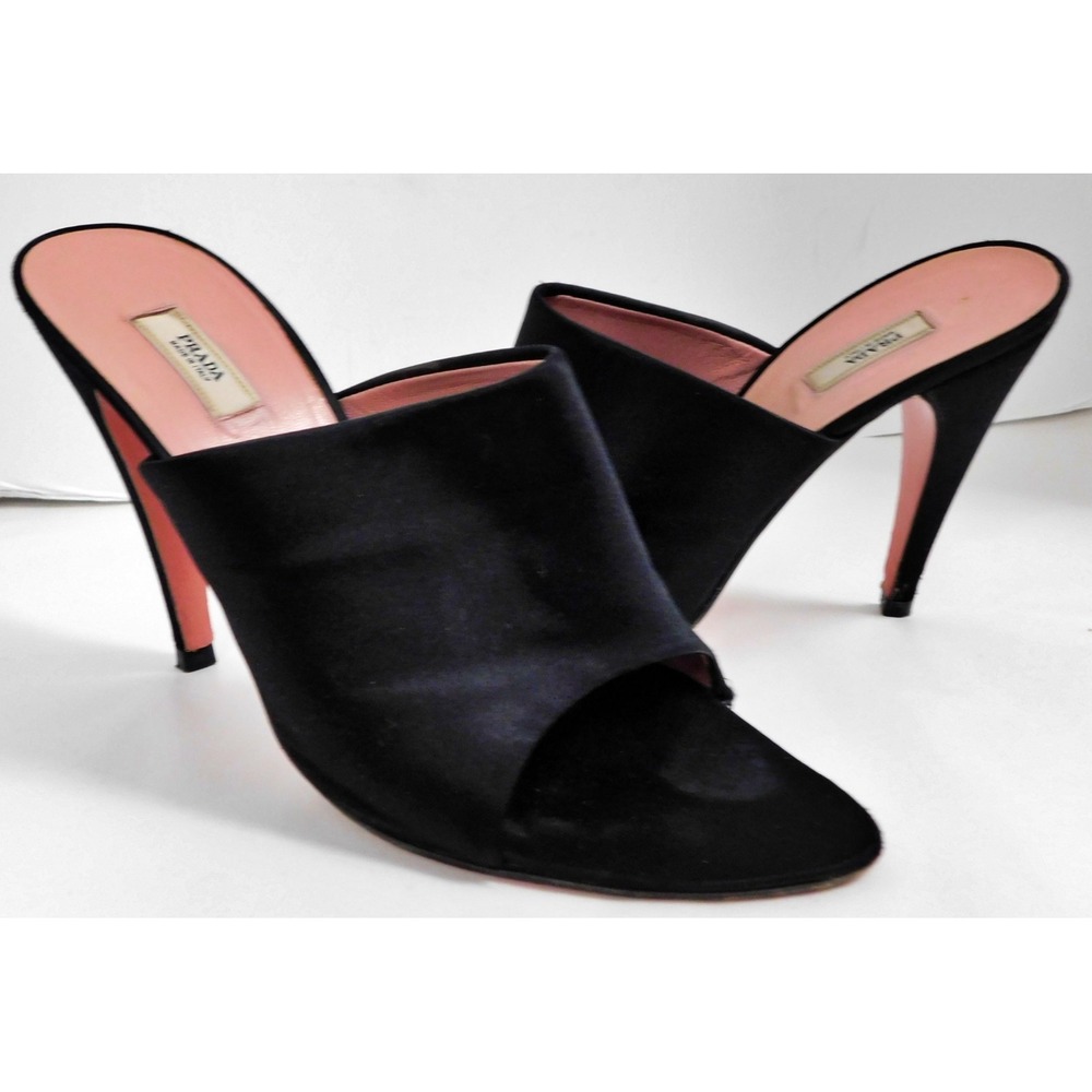 PRADA Women's Black Sateen Fabric Slide Sandals Toe Slip-On Stiletto Italy 38.5